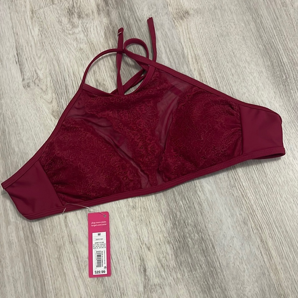 NWT Xhilaration Burgundy lace & mesh swim top